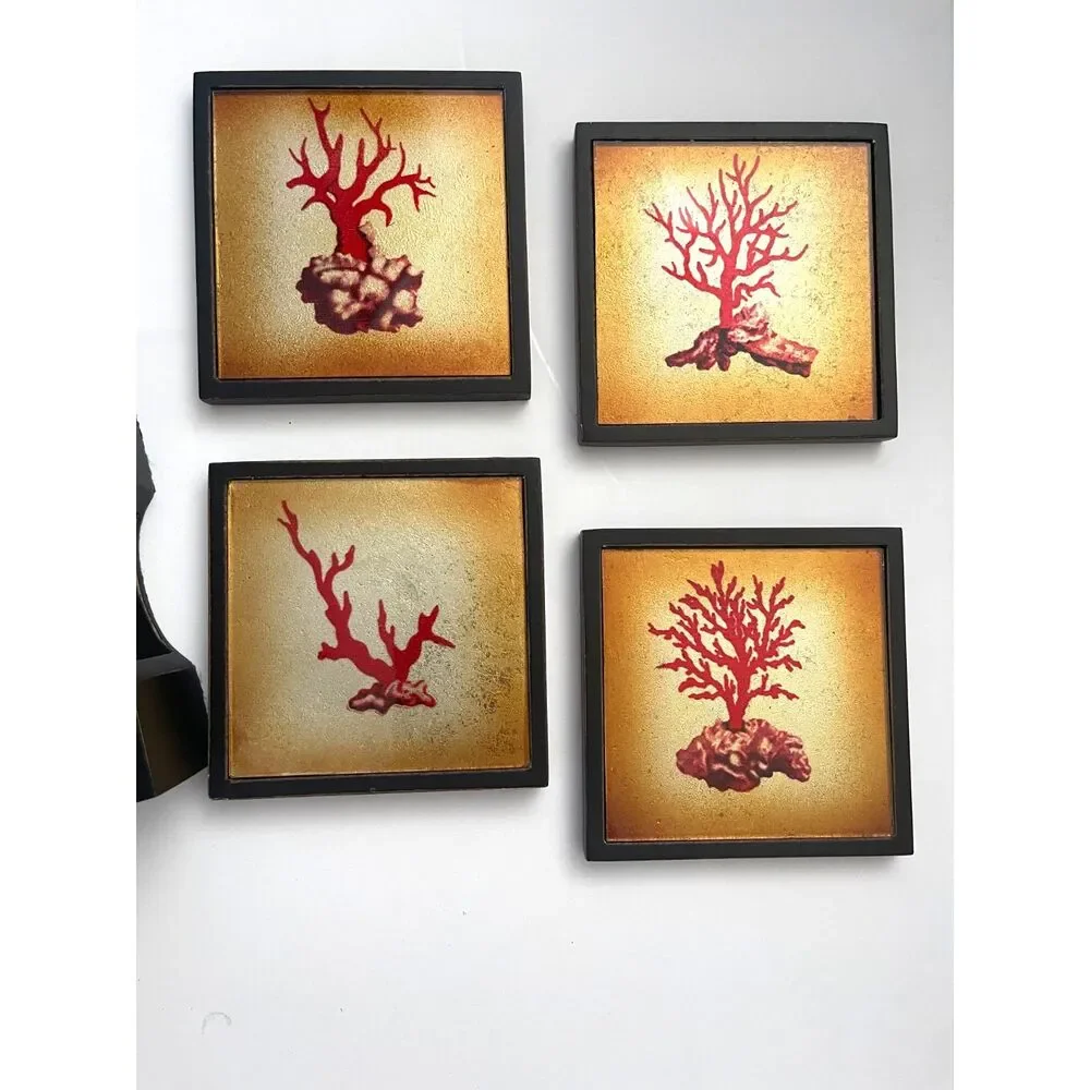 Red Coral Art Marble Drink Coasters With Matching Wooden Holder Set Of 4 Vintage